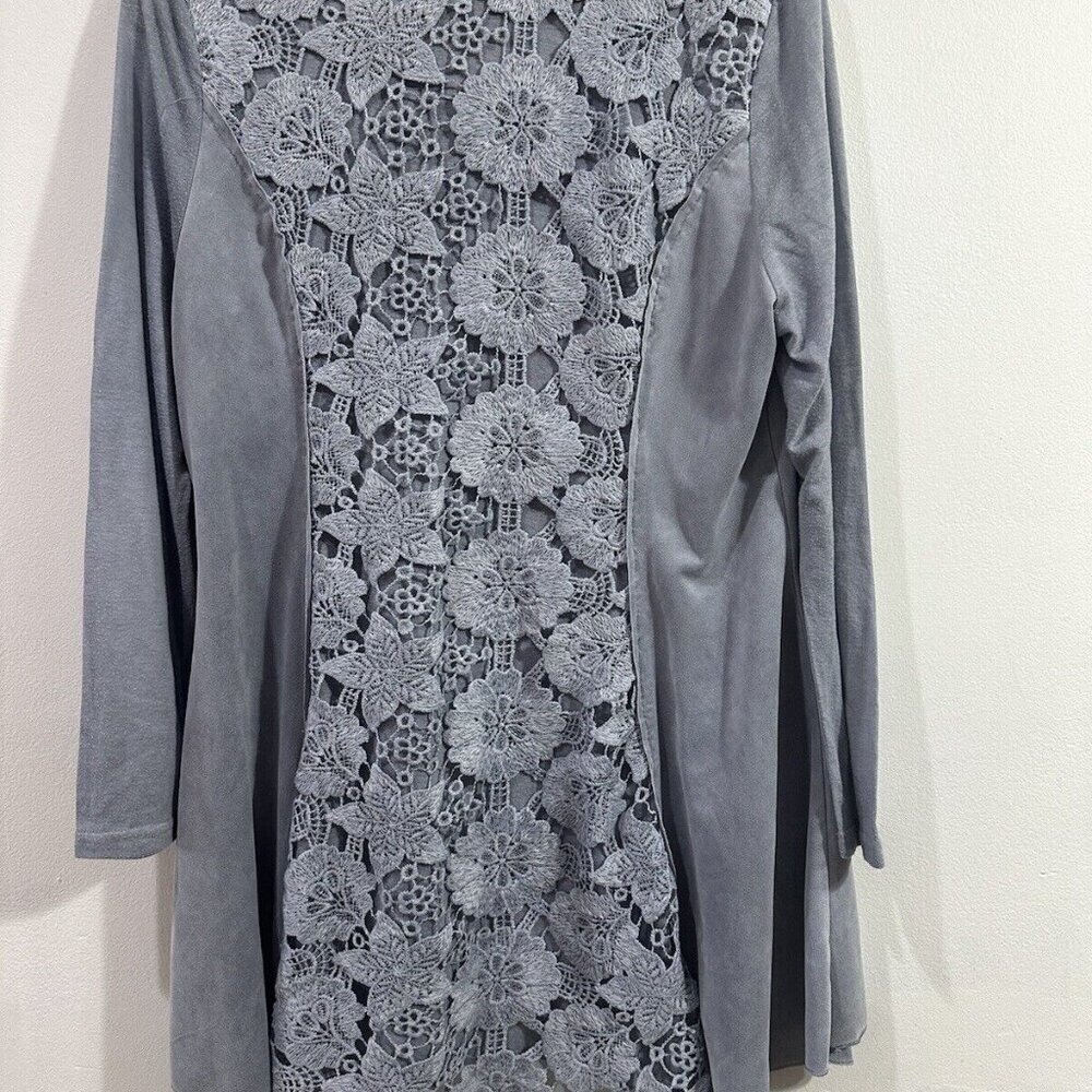 Feratelli Women's Boho Art Top Gray Long Sleeve Tunic Style Lace Crochet SZ M - Picture 16 of 16